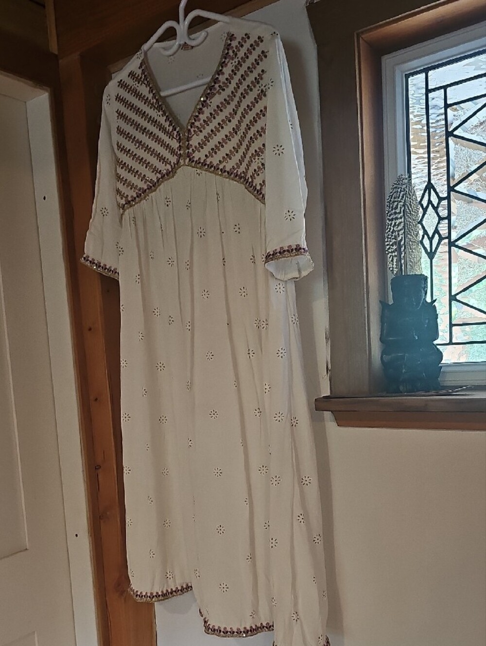 Boho Ivory  Midi Dress with Pink And Gold  Embroidery - XL - Picture 13 of 14